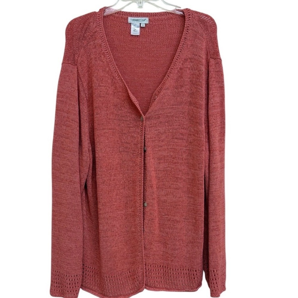 Coldwater Creek Women 3X Coral Pink Knit Cardigan V-Neck Pointelle Hem Sweater